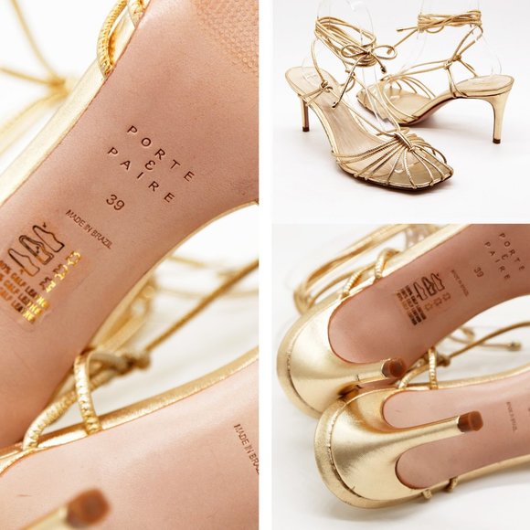 Porte & Paire Net-a-porter Gold Metallic Leather Sandals Lace Up Strappy 39 $280 - Picture 12 of 16